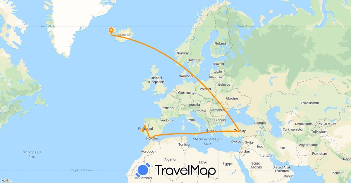 TravelMap itinerary: driving, hitchhiking in Spain, Iceland, Italy, Portugal, Turkey (Asia, Europe)